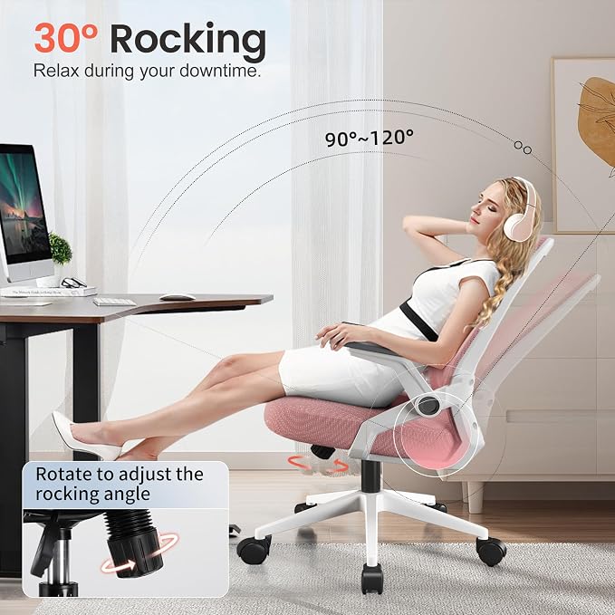 GTPLAYER Ergonomic Office Chair with Flip-up Armrests Executive Computer Chair for Home Office, Breathable Mesh & Comfy Lumbar Support, Pink