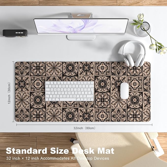 Desk Mat, Large Gaming Mouse Pad, 32" x 12", Boho Moroccan Tile | Waterproof Desk Pad, Non-Slip Rubber Base, Desktop Mat with Stitched Edges, Desk Accessories for Office, Work, Home