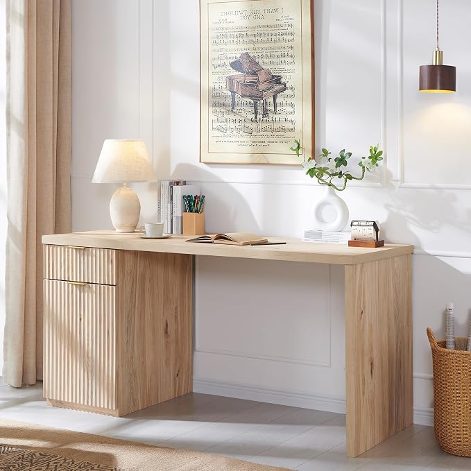 60" Fluted Office Home Desk, Reversible Left‑Right Cabinet, Built‑in Outlet | Reversible design lets you fix the cabinet on left‑hand or right‑hand side to fit your room layout