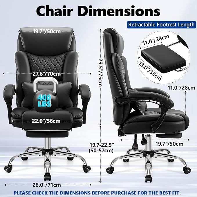 Ergonomic Office Chair Executive PU Leather High Back, 400lbs Heavy Duty Reclining Desk Chair with Footrest, Adjustable Lumbar Support, Padded Armrests, Wide Seat, Black