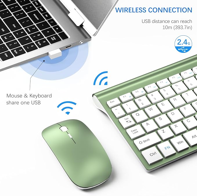 Wireless Keyboard and Mouse Ultra Slim Combo, TopMate - Green White | 2.4G Silent Compact 2400DPI Mouse and Scissor Switch Keyboard Set with Cover, Batteries Included, for PC/Laptop/Windows/Mac