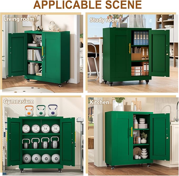 36" Metal File Garage Storage Cabinet with Lock and Wheels,Rolling Steel Locker Organizer,Office File Cabinet with 2 Doors and 2 Adjustable Shelves,Tool Cabinets for Home Office,Gym,School (Green)