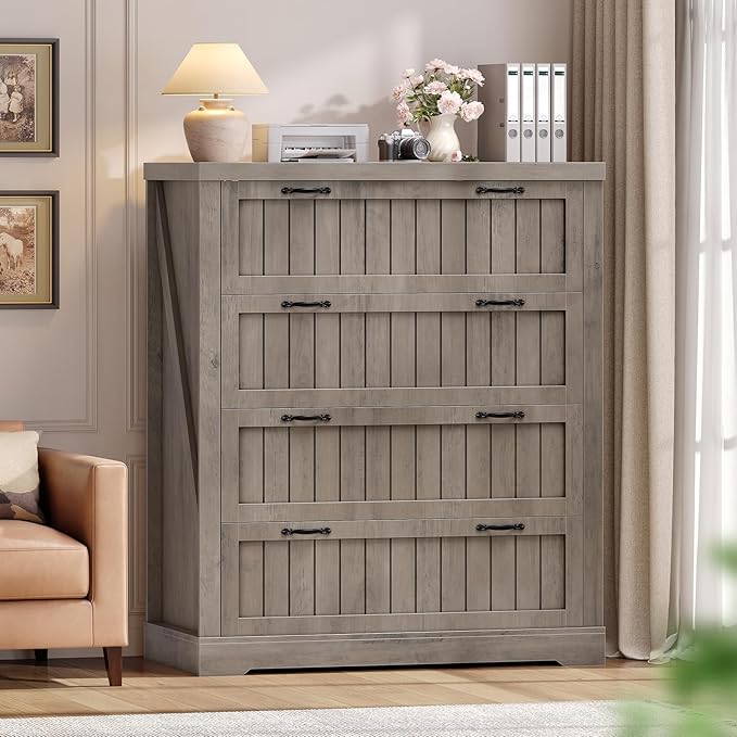 SEDETA Farmhouse 4 Drawer File Cabinet, Filing Cabinet for Home Office, Wood Office File Cabinets for Letter/Legal/A4 Size, File Cabinet Organizer with Printer Stand for Study Room, Living Room, Grey