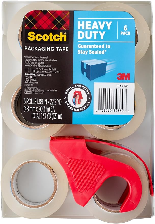 Scotch Heavy Duty Shipping Packing Tape, Clear, Shipping and Packaging Supplies, 1.88 in. x 22.2 yd., 6 Tape Rolls with 1 Dispenser