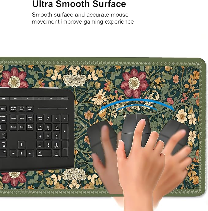 Cute Floral Aesthetic Dahlia Gaming Mouse Pad, Dark Green Rug Desk Mat with Anti-Slip Base & Stitched Edges,35.4" x 15.7" in Desk Accessories for Women, Home Office Decor & Artistic Gift