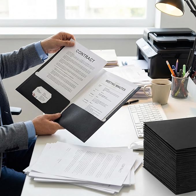 Zzrywuty File Folders with Pockets Letter Size,50-Pack Paper Folders with Card Slot,Black Two Pocket Folders for School Students,Businessmen,Home and Office Workers