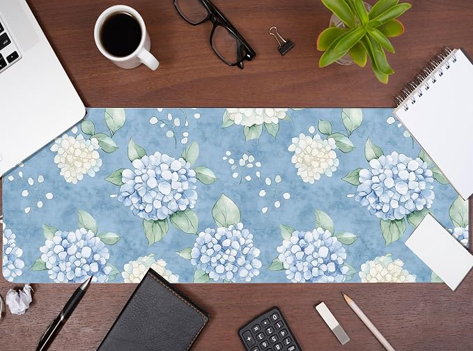 Hydrangea Desk Mat, Blue and White Flroal Mouse Pad, 31.5x11.8