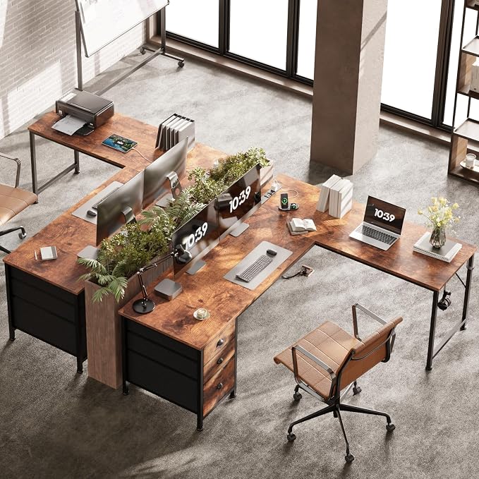Furologee 63" L Shaped Desk, Office Corner Desk with Power Outlets, Brown | 2 Drawers & File Cabinet, USB & Type-C, Reversible Design, 2 Headphone Hook, Sturdy Frame, Computer Table for Gaming, Study