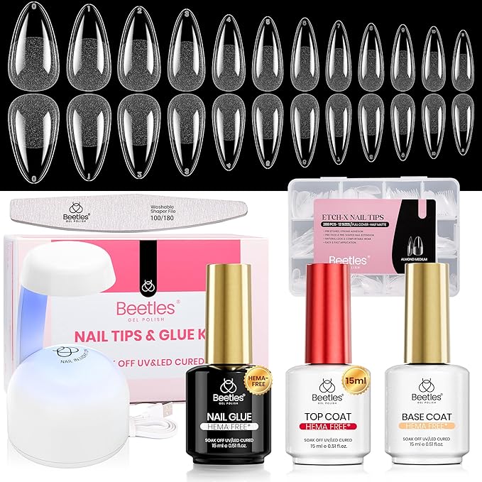 Beetles Gel Nail Kit Etch-X, Almond Medium, 288pcs 12 Sizes Nail Tips, 3Pcs 15ml HEMA-Free Nail Glue Top Coat & Base Gel Set, with Mini Lamp, Press On Nail, Long Lasting Extension DIY Set at Home