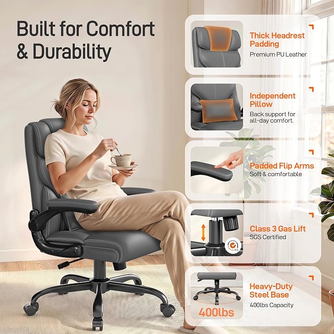 Office Chair, Executive Mid-Back Computer Desk Chair with Flip-up Armrests | 300 Lbs Ergonomic Leather Swivel PC Chair with Rock Function for Working Studying (Gray)