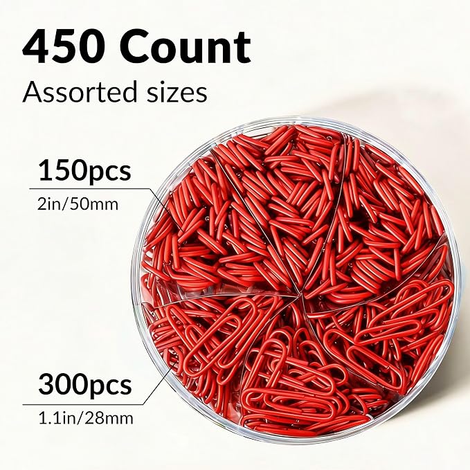 NEEWAY 450pcs Paper Clips Assorted Sizes, Small and Large Paper Clips (1.1 inch, 2 inch), Coated Paperclips for Office School Document Organizing (Red)