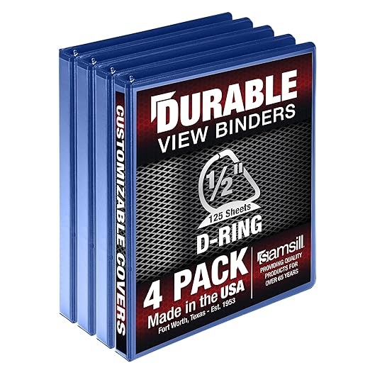 Samsill Durable 0.5 Inch Binder, D Ring Binder, 100% Recycled Chipboard, Blue, 4 Pack