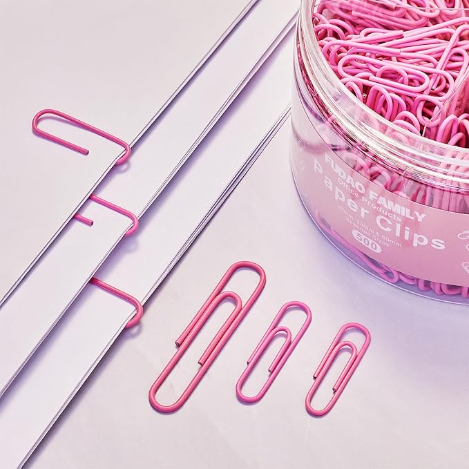 FUDAO FAMILY 500pcs Paper Clips Assorted Sizes, Small, Medium and Large（1.1inch, 1.3inch and 2inch Paper Clips, Vinyl Coated Paperclips for Office, School, Home Supplies (Pink)