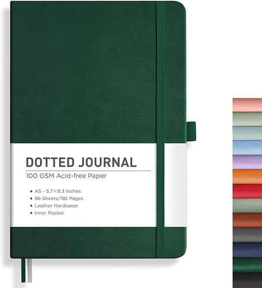 RETTACY Dotted Journal Notebook, 192 Pages, A5 Medium Size (5.7'' x 8.3''), Leather Hardcover, 100 GSM Thick Paper, for Journaling, Planning, Tracking (Dark Green)