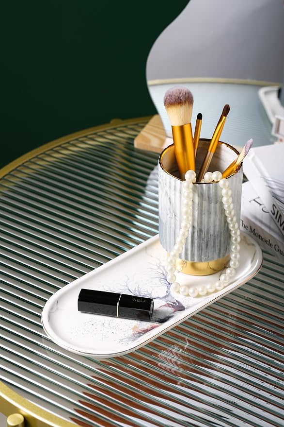 Makeup Brush Holder Organizer Pen Pencil Cup Glass Make Up Brushes and Toothbrush Organizer for Bathroom Vanity Desktop European Style Striped Brushes Container,Grey and Gold