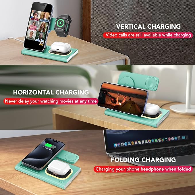 3 in 1 Foldable Wireless Fast Charging Station for Apple Multiple Devices | iPhone Charging Station for iPhone 17, Travel iWatch Charger Stand, Light Nightstand Charging Dock for Apple Watch/Airpods