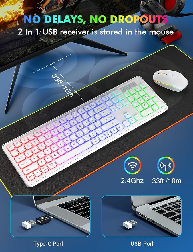 Wireless Keyboard and Mouse Combo with RGB Backlit, Rechargeable | Light Up Letters, Full-Size, Soft Typing, Sleep Mode, 2.4GHz Quiet Keyboard Set for Mac, Windows, Laptop, PC, Trueque KM42Pro