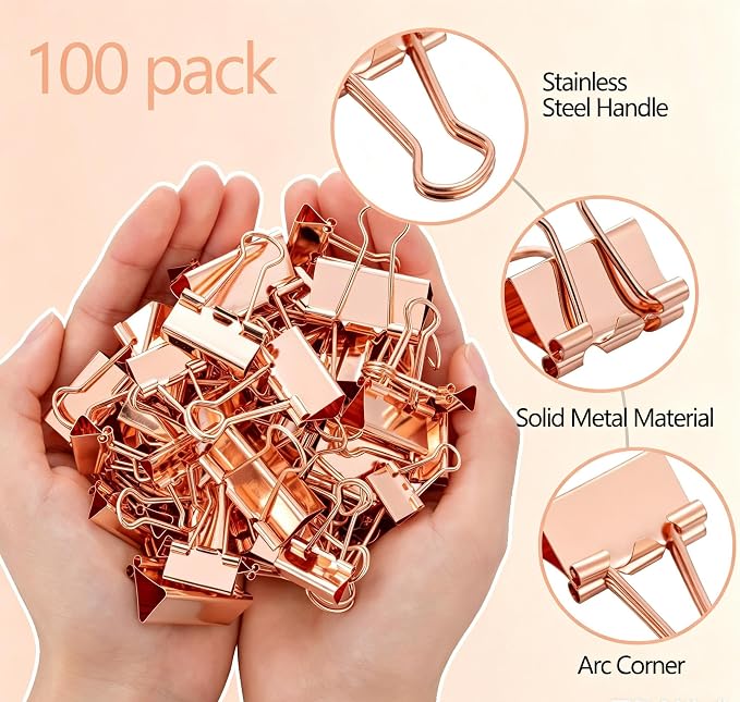 Binder Clip Paper Clamps, Assorted Sizes (Mini, Small, Medium, Large), 100 Pcs Clips for Office School Supplies (Rose Gold)