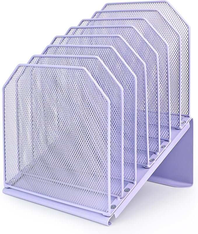 SUMMORO Inclined File Organizer for Desk, 7-Section Vertical File Holder | Office Desk Organizer Metal Rack File Folder, Wire Mesh Desktop Document Sorter, for Office School Classroom Home (Purple)