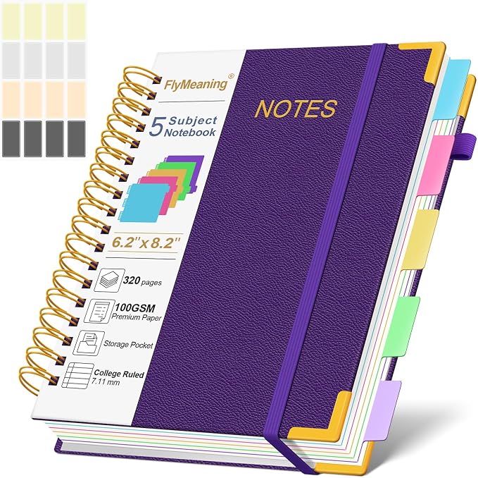 Hardcover Spiral Notebook Journal with Removable Dividers Tabs | 320 Pages, 5 Subject Notebooks College Ruled, 6.2"x8.2" Leather A5 for Work & School, Lined Journal for Women