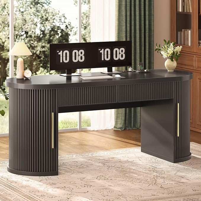 SEDETA 58.3" x 21.7" Fluted Office Executive Desk with 2 Drawers Storage | Black Long Computer Desk with 2 Sliding Doors Shelves and Power Strip, Wood Curve Desk for Work, Writing, Study