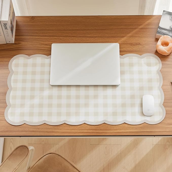 Ohocut Scalloped Gingham Checkered Desk Pad，Beige：31.5" x 15.7" | Large, Premium Faux Leather, Anti-slip Bottom, Water Repellent, Easy to Clean, Aesthetic Trendy Design