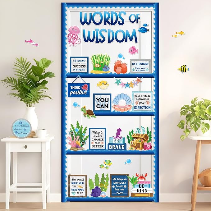 Mooliwe 57 Pcs Ocean Bulletin Board Set Marine Life Classroom Decor | Inspirational Quotes with Sea Creatures, Theme Wall Decor for Teachers School Office, Motivational Display Supplies