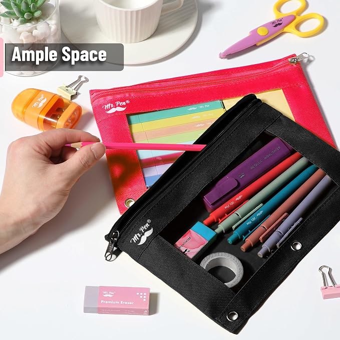 Mr. Pen- Pencil Pouch for 3 Ring Binder, 2 Pack, 10"x6.75", Smooth Zipper | Clear Window, Large Capacity Pencil Case with 3 Reinforced Grommets for School, Office, Supplies Storage