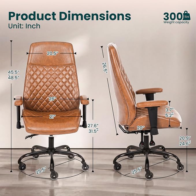 NEO CHAIR Brown Leather Office Chair with Ergonomic Design, Swivel Chair | Modern Computer Desk Chair with Lumbar Support, Adjustable Height Arms, Comfy Chair for Home Office, Smooth Rolling Design
