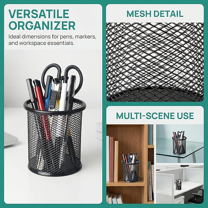 Nicunom 12 Pack Metal Pen Holder Wire Mesh Pen Cup Pencil Holder Pencil Cup for Desk Office Pen Organizer, Black