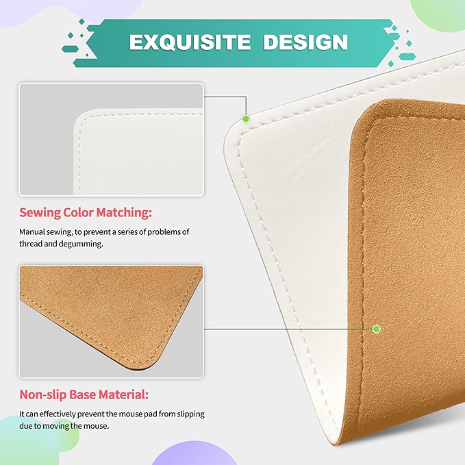 Mouse Pad, PU Mouse Pad，Leather Mouse Pad with Stitched Edge Micro-Fiber Base with Non-Slip Waterproof，Mouse Pad for Computers，Laptop, 8x11Inch (Lily White)
