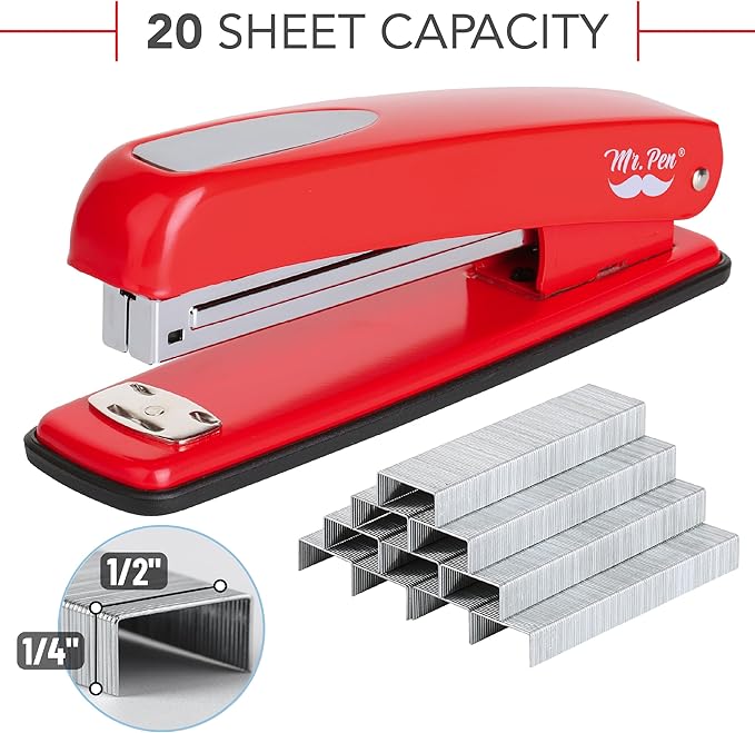 Mr. Pen- Red Office Stapler with Staples, 1000 Staples 1/4", 20 Sheet Capacity, Desktop Stapler for Students, Office Supplies, Ergonomic Design for Comfortable Use, Opens 180 Degrees for Easy Loading