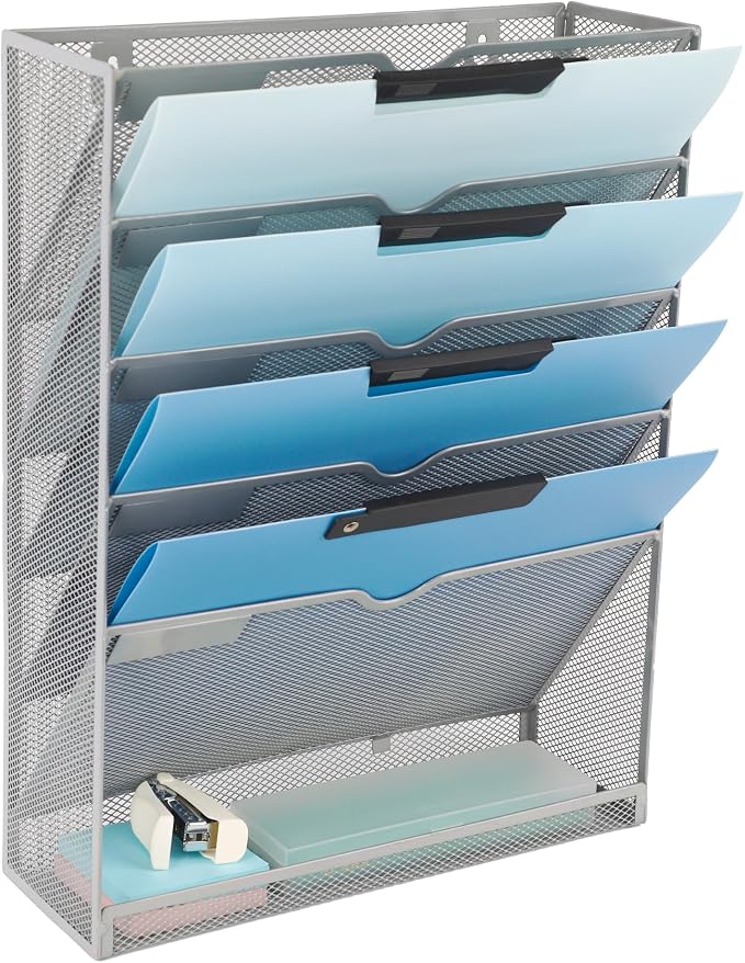 6 Tier Mesh Hanging Wall File Organizer, Desk Vertical Mail Paper Document Folder Holder Rack with Bottom Tray and Nametag Label for Office Home School, Gray