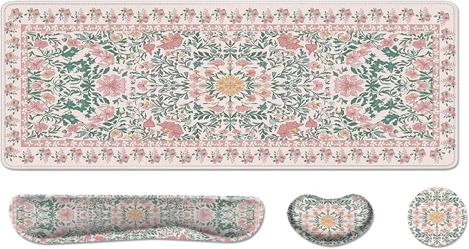 Desk Pad and Keyboard Wrist Rest, Large Mouse Pad + Keyboard Pad+Mouse Wrist Support, Non-Slip Desk Mat Protector for Office, Home 31.5×11.8 Inches Pink Floral