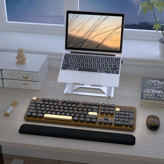 Links9+ Wireless Typewriter Keyboard and Mouse Combo (Coffee-Black) | Full-Size Retro Round Keycaps, Clicky Typing, Ergonomic Design, Smart Auto-Sleep, Perfect for Office, Home and School
