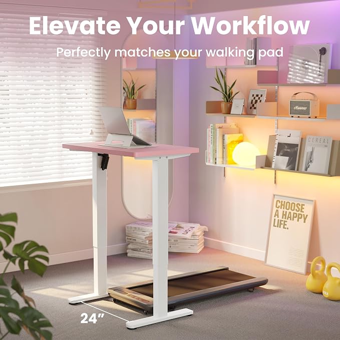 HUANUO 32x19 Inch Small Electric Standing Desk, Adjustable, Pink | 176 Lbs Capacity, Rounded Corners, Wheel-Ready Feet, Compact Desktop, Apartment Workspace, 28.3–46.5 Inch Height Range
