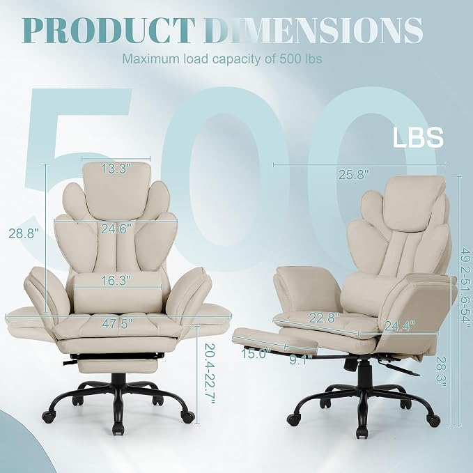 Flip Armrests Criss Cross Office Chair, Reclining Office Chair with Foot Rest, Adjustable Headrest, Massage Waist Pillow, Cross Legged Big and Tall Desk Chair Wide Seat Vanity Chair, Beige PU Leather