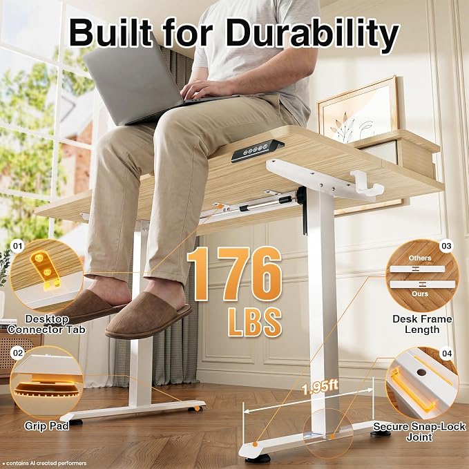 Veken 47x28 in Electric Standing Desk with Drawers, Adjustable Table, Wood | Stand up Computer Desk for Home Office, Work & Study, with Storage, 3 Memory Presets, Cable Organizer, Hook, and Quiet Lift.