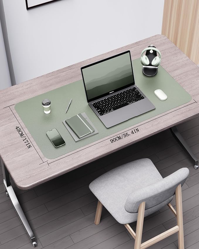 YSAGi Double-Sided Desk Pad, 35.4"x17"Leather Desk Mat, Eco Cork Desk Pad Protector,Large Mouse Pad,Waterproof Desk Blotter for Office/Home(Grayish Green)