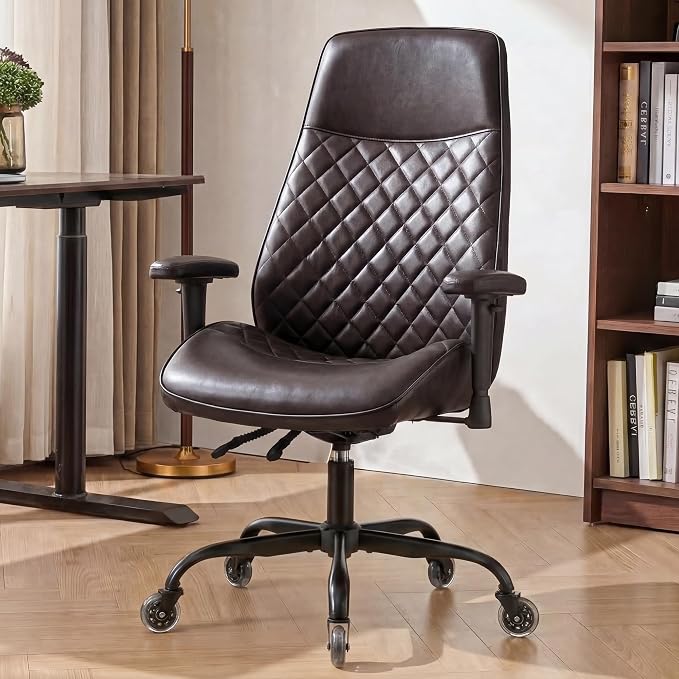 NEO CHAIR Dark Brown Leather Office Chair Ergonomic Design, Swivel Chair | Modern Computer Desk Chair with Lumbar Support, Adjustable Height Arms, Comfy Chair for Home Office, Smooth Rolling Design