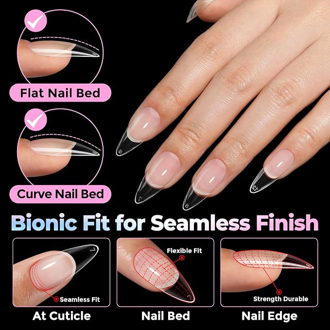 UNA GELLA Stiletto Gel Nail Tips Medium 15 Sizes Pre-Etched Clear Tips | 300PCS Easy DIY Salon Stiletto Almond Press On Nails Snug Fit Full False Fake Nail Extensions Long-Lasting Hold