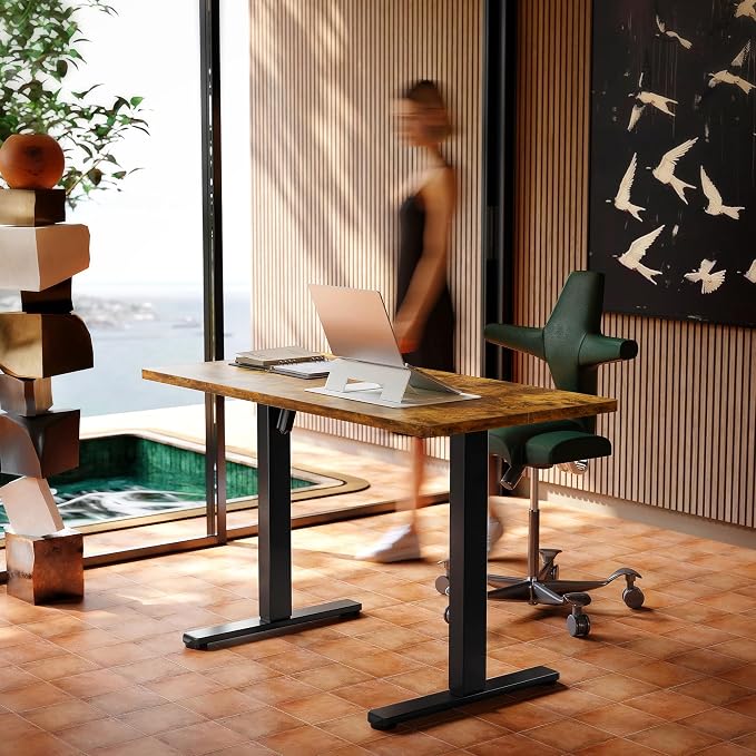 HUANUO 48x24 Inch Electric Standing Desk, Height Adjustable, Rustic Brown | 176 Lbs Capacity, Smooth Home Office Desk, 4 Memory Presets & Headphone Hooks, 28.3–46.5 Inch Height Range, Easy to assemble