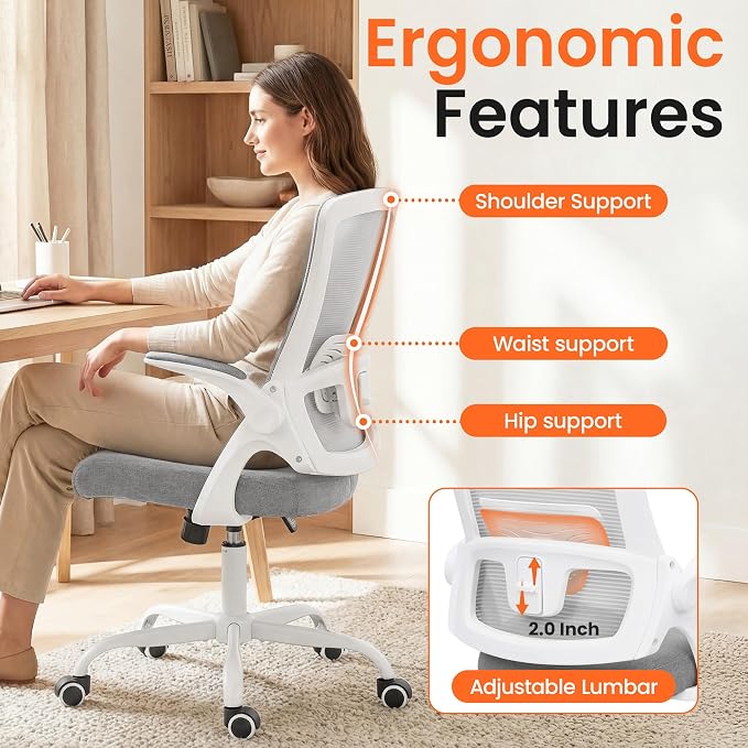 NEO CHAIR Office Desk Mesh Chair with Adjustable Ergonomic Lumbar, Grey | Breathable Mesh Back Support with Flip-Up Armrests and Wide Seat Cushion for Comfortable Home Office Work and Gaming Setup