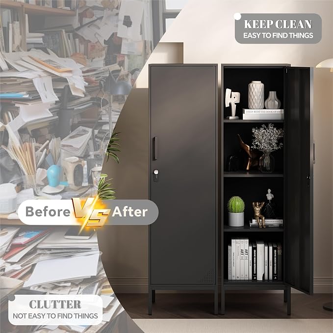 Black Metal Locker Cabinet, 59.1" Lockable Storage Locker for Employees with Adjustable Shelves, Locking File Cabinet Door for Office, School, Gym, Garage