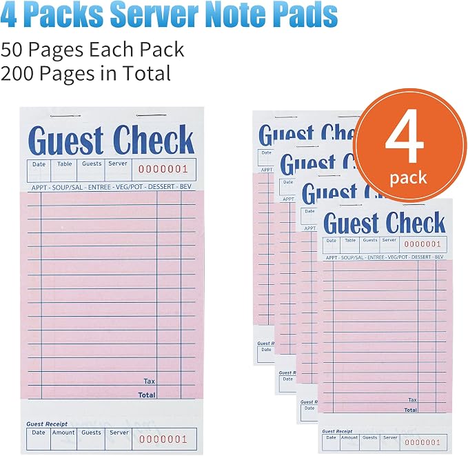 ZPARIK 4 Pack Guest Checks Books for Servers Server Note Pads, Pink | 50 Sheets Per Pack, Total 200 Total Tickets; Durable Server Notepads for Cafes, Diners & Restaurant Staff