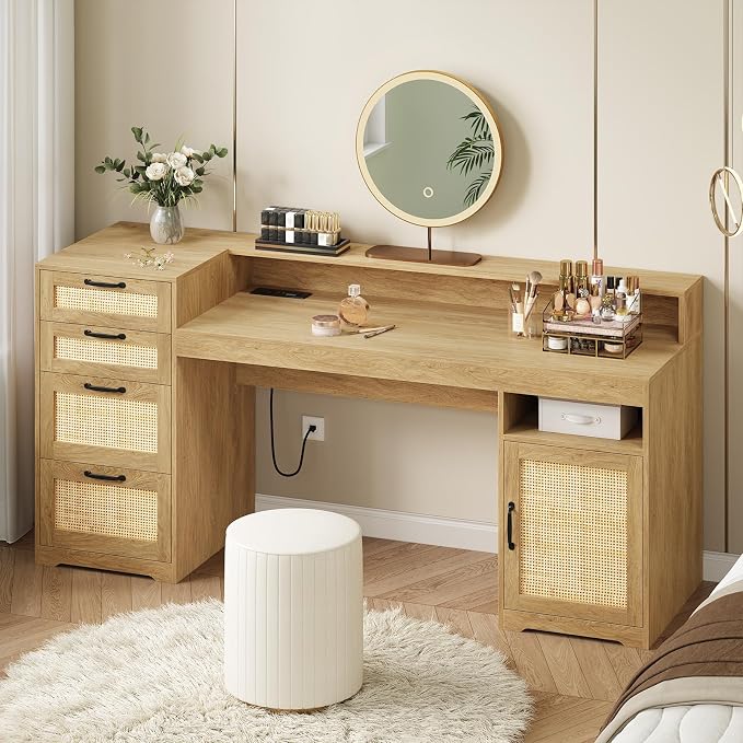 63" Rattan Computer Desk with 4 Drawers for Home Office, Bedroom | Executive Desk with Printer Stand, Monitor Stand, Home Office Desks with Power Outlets, Storage Shelves, Oak, Boho Desk