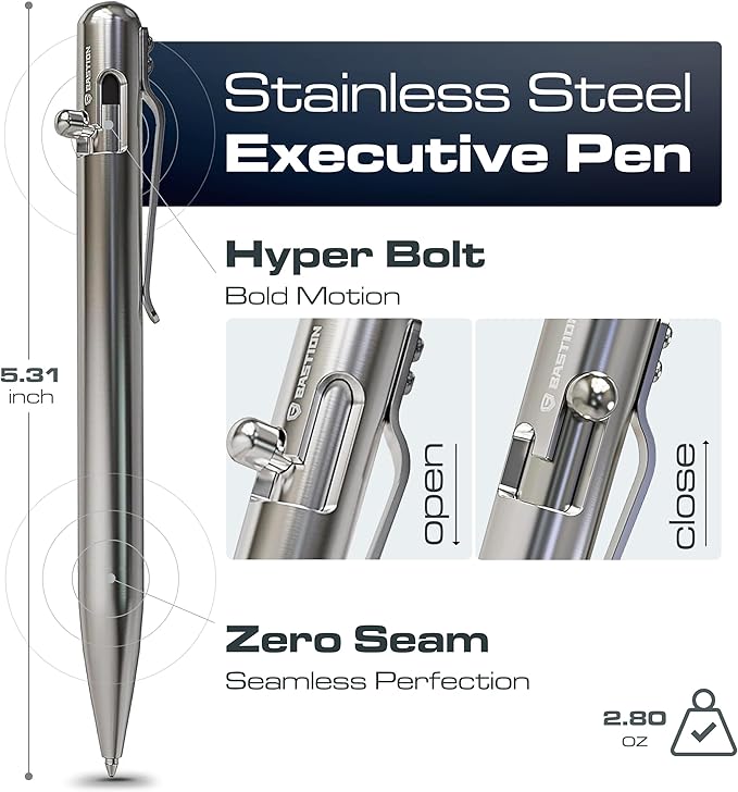 BASTION Luxury Executive Bolt-Action Ballpoint Pen for Men & Women | Ink Refillable Retractable Office Business Writing Pen | Glass Breaker Metal Self-Defense EDC (Stainless Steel)
