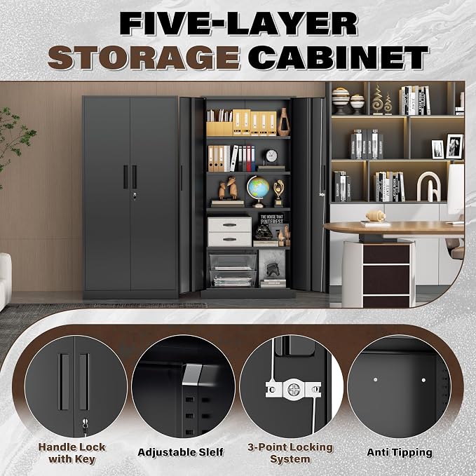 Incbruce 72” Metal Storage Cabinet, Garage Cabinets and Storage System with Doors and Shelves, Tall Lockable Tool Cabinet for Garage, Office, Home (Black)