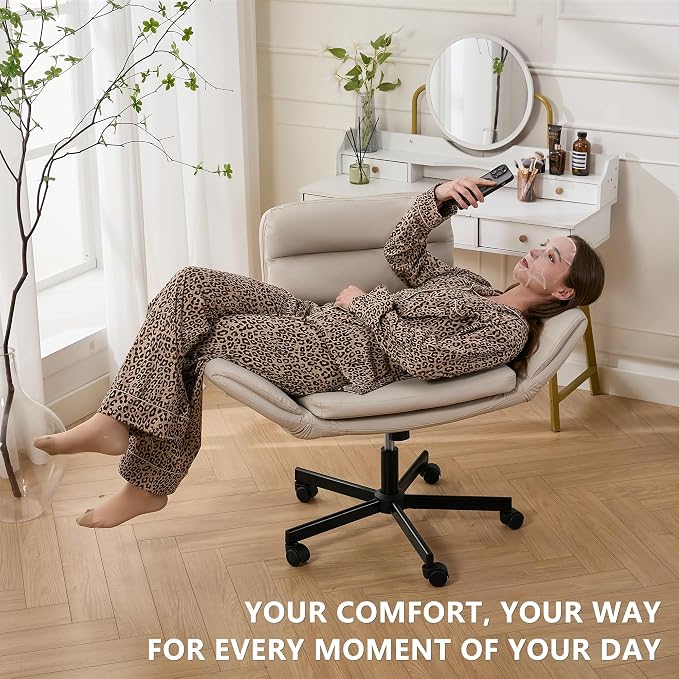 Criss Cross Chair with Flip-Up Arms & Swivel Wheels, Vanity Chair with Adjustable Height & Side Pockets, Comfortable Wide Seat Reclining Computer Office Desk Chairs for Home Office, Make Up, Bed Room