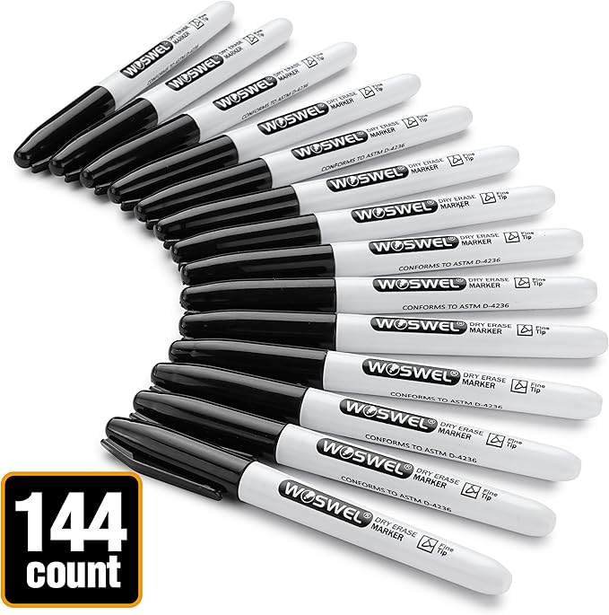 Dry Erase Markers Bulk, 144 Pack Black Fine Tip Whiteboard Markers, Fine Point, Low Odor Dry Erase Markers for School Office Home